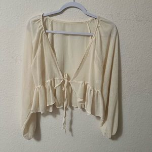 boutique- Tie waist balloon sleeve chiffon cardigan